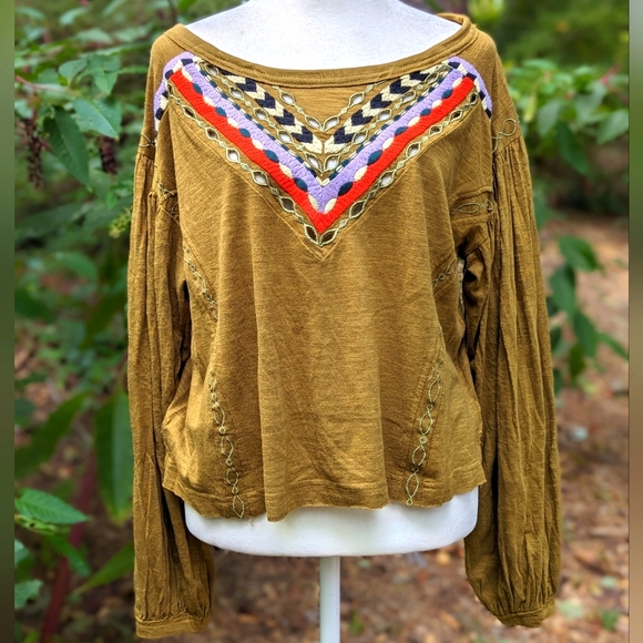 Free People Boho Moss Combo Linen Blend Top Size M - Picture 2 of 12